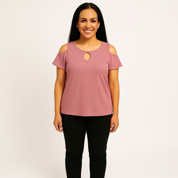 Nina Leonard Blush Pink Cold Shoulder Keyhole accented Neck Top Size L - Picture 2 of 7